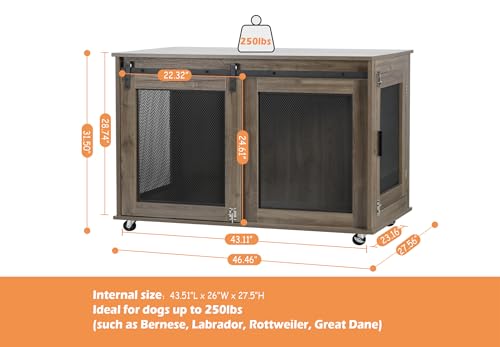 LINLUX 47 Inch XL Dog Crate Furniture, Wooden Heavy Duty Dog Kennel Indoor, Decorative Dog Cage Table for Extra Large Dogs, with Sliding Doors