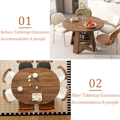 43.3in-59in Extendable Round Dining Table for 4-8,Modern Kitchen Oval Dining Table with Removable Leaves Space Saving