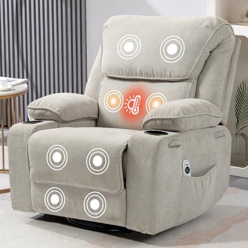 Rocker Recliner Chair with Massage and Heated, 360°Swivel Rocking Chairs with Cup Holders Remote Control for Living Room (Gray Oatmeal)