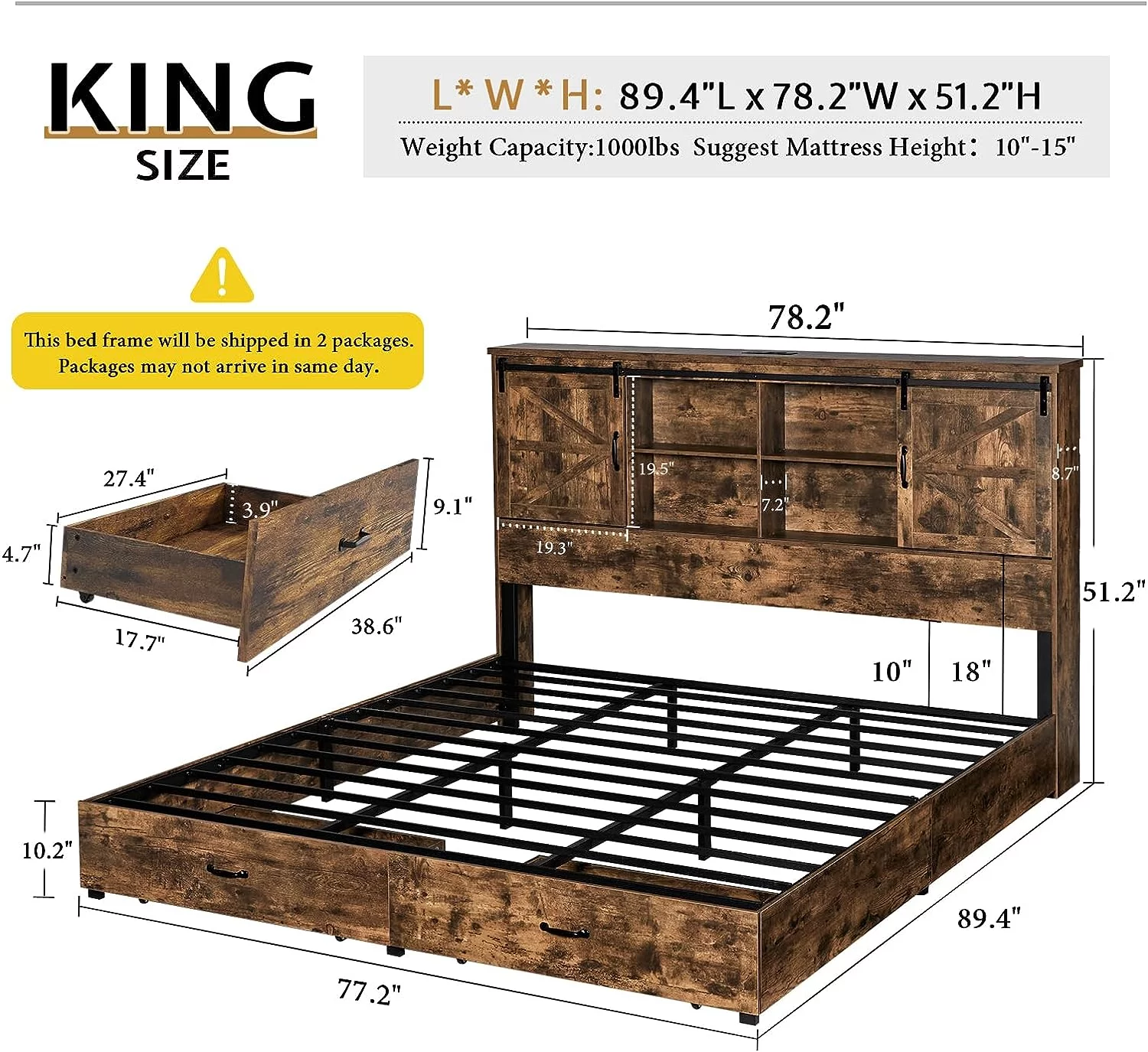 HOWE King Size Wooden Platform Storage Bed Frame with 51.2" Wood Bookcase Headboard(Rustic Brown)