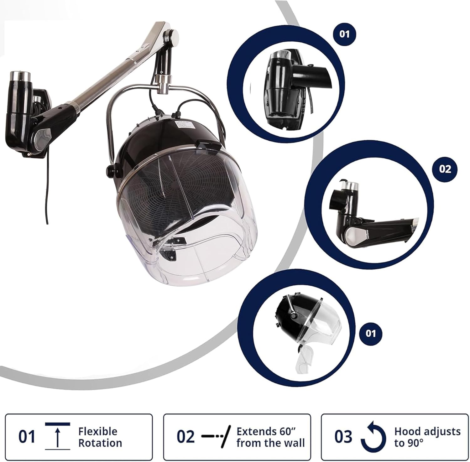 Samger Retractable 900W Wall Mounted Hair Hood Dryer Professional Hair Dryer with Flexible Swivel Arm Built-in 60min Timer Adjustable Temperature 70℃