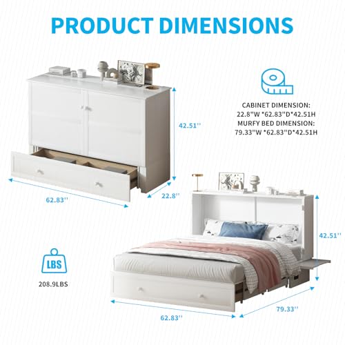 Mjkone Murphy Bed, Queen Cabinet Beds with Tri-fold Mattress and Built-in USB Charging Station/Drawer