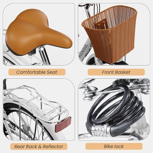 MOONCOOL Womens Bike 7 Speed, 24 26 inch Beach Cruiser Bikes for Women, Step Through Adult Bicycle with Front Basket for City Commuting