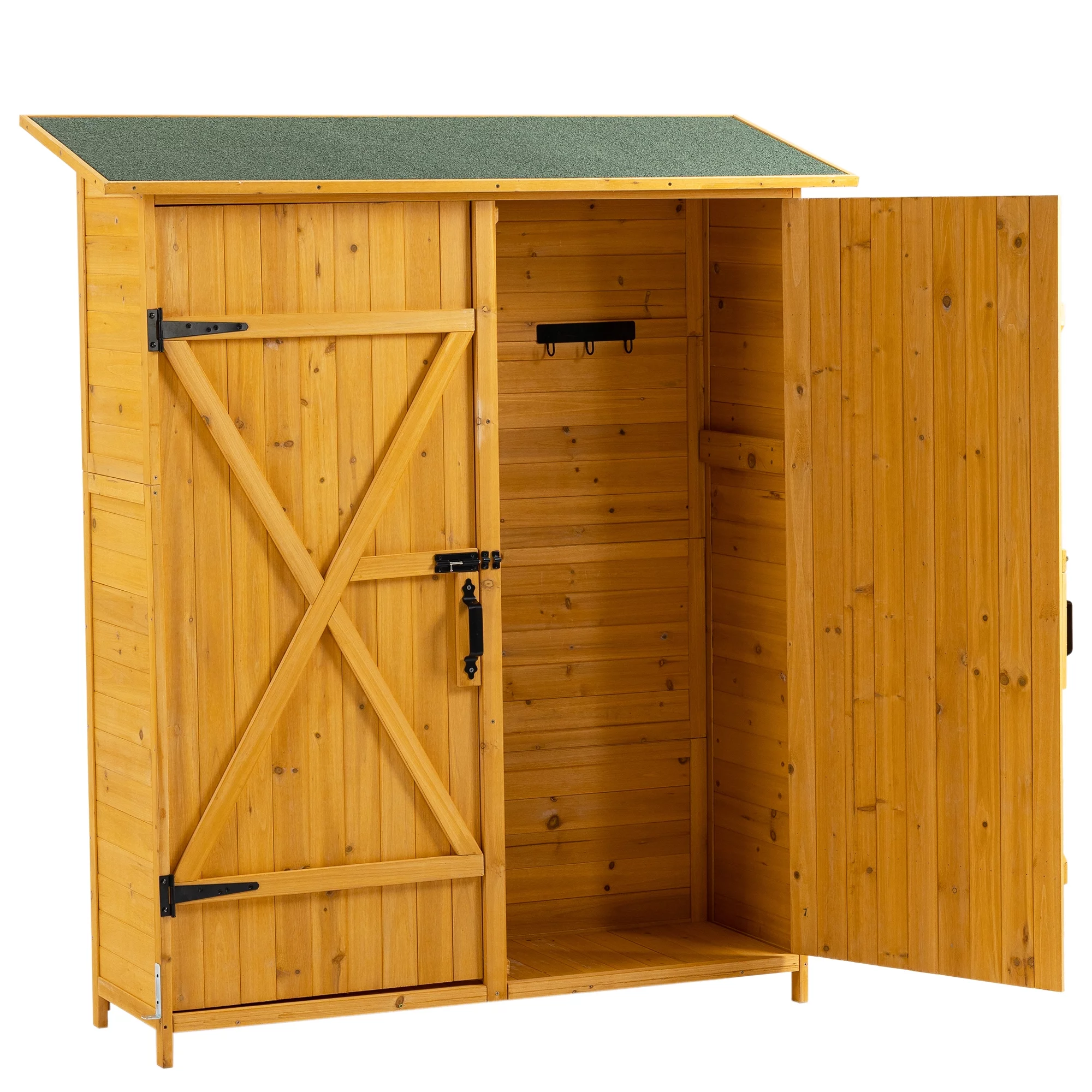 CASEMIOL Patio Storage Shed with Detachable Shelves and Hooks, Outdoor Wood Shed with Waterproof Pitch Roof, Backyard Shed with Lockable Door