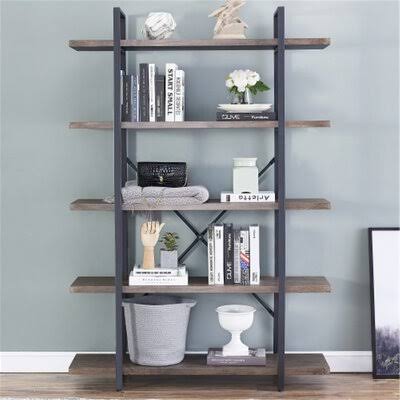 5-Tier Industrial Bookcase with Rustic Wood and Metal Frame, Large Open Bookshelf for Living Room (Brown) 17 Stories Color: Dark