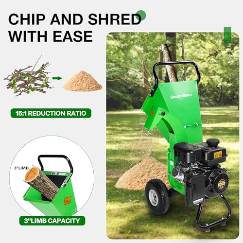 S3 Wood Chipper Shredder, 7HP 212cc Gas Powered Heavy Duty, 3" Max Wood Diameter Capacity, 15: 1 Reduction Ratio, Easy Assembly