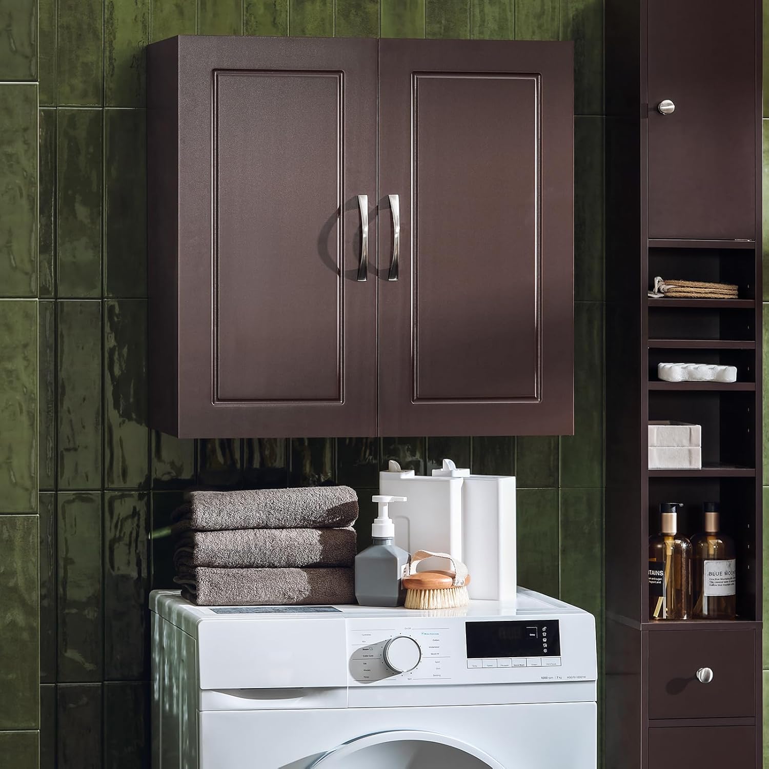 Haotian Laundry Hamper Cabinet with 2 Drawers and Wall Cabinet, BZR33-BR+FRG231-BR