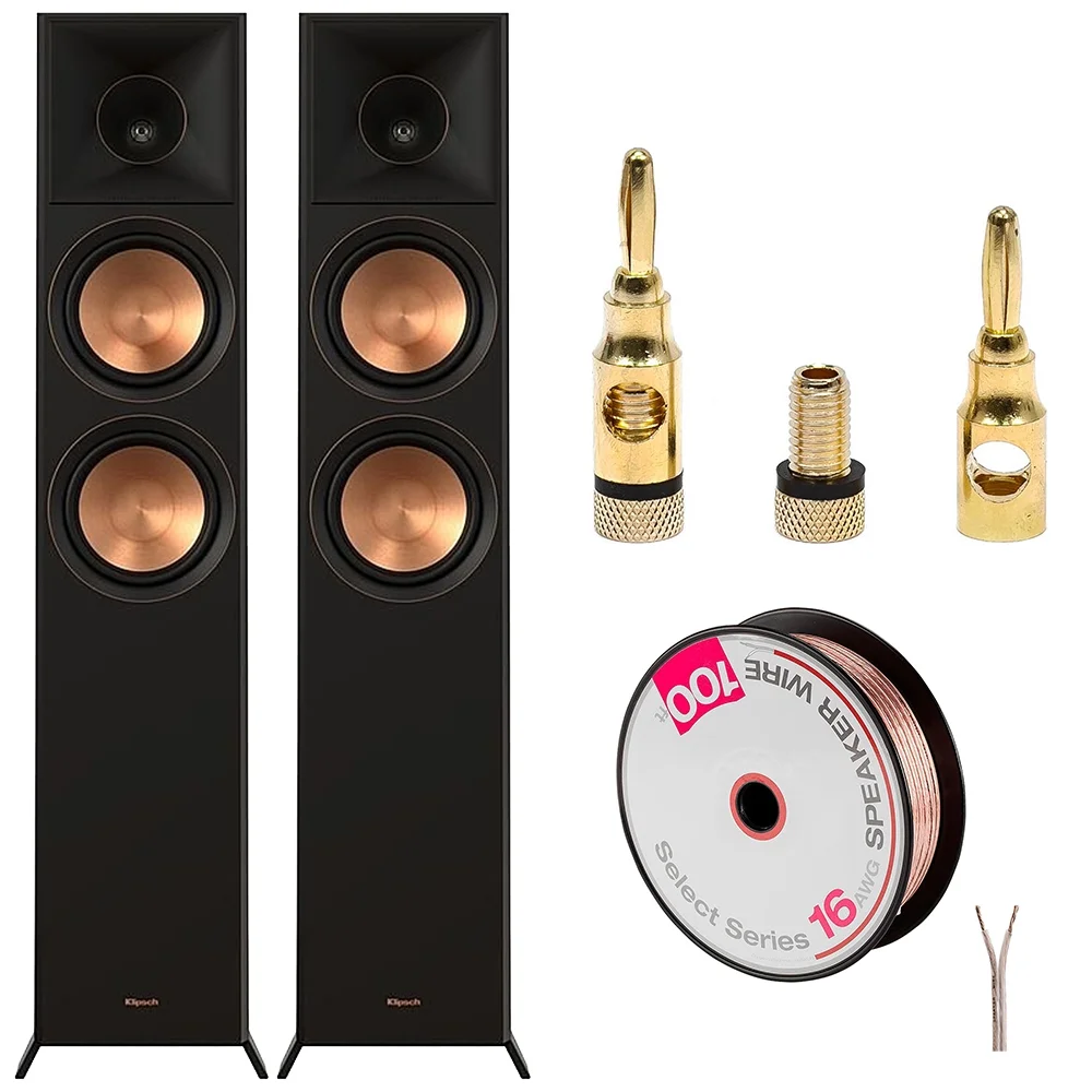 Klipsch RP-6000F II High-Fidelity Floorstanding Speaker (Pair) with Enhanced Bass Ebony Bundle with Deco Gear 100ft long 16 AWG Speaker Wire +