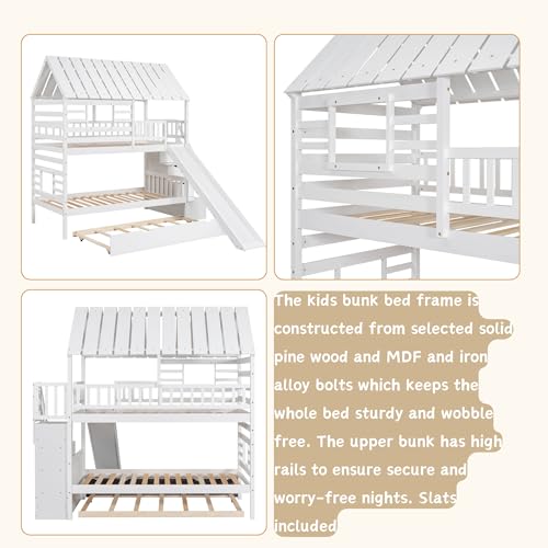 MERITLINE House Bunk Beds Twin Over Twin with Slide, Twin Bunk Bed with Storage Stairs and Trundle