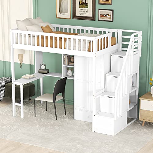 Twin Loft Bed with Staircase, Desk and Wardrobe, Wood Loft Bed with Storage Shelves and Safety Guardrail