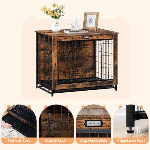 HOOBRO Dog Crate Furniture, 38.6" Large Dog Kennel Indoor, Wooden Cage with Pull-Out Tray