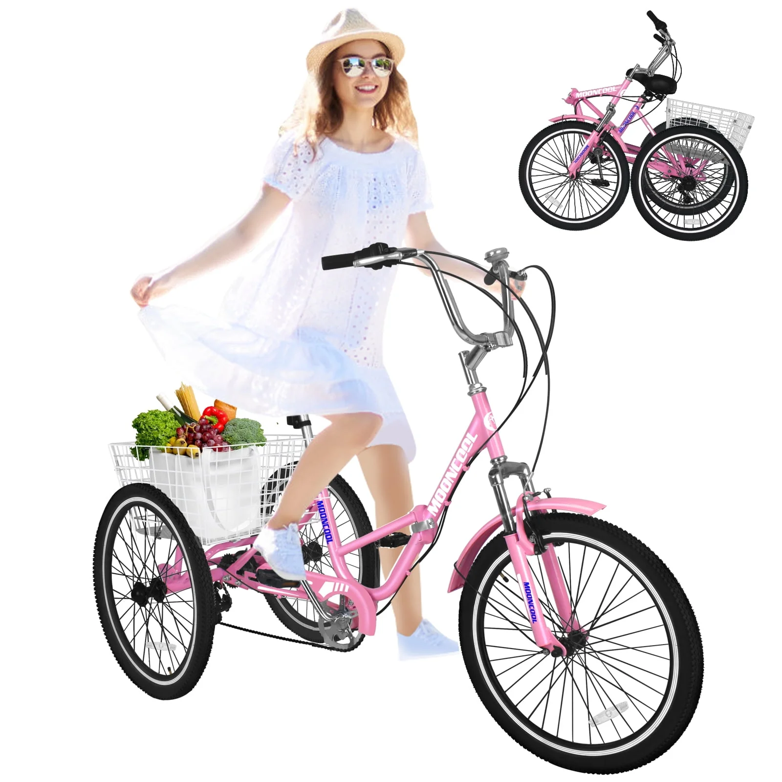 MOONCOOL Adult Folding Tricycle for Adults, 7 Speed 20/24/26 inch 3 Wheels Bikes with Basket, Foldable Tricycle for Adults, Women, Men, Seniors