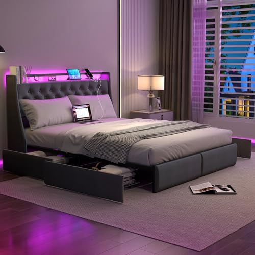 Queen Bed Frame with 2 Storage Drawers, Platform Bed Frame Queen Size with LED Light, Upholstered Headboard, Charging Station, Steel Slat Support