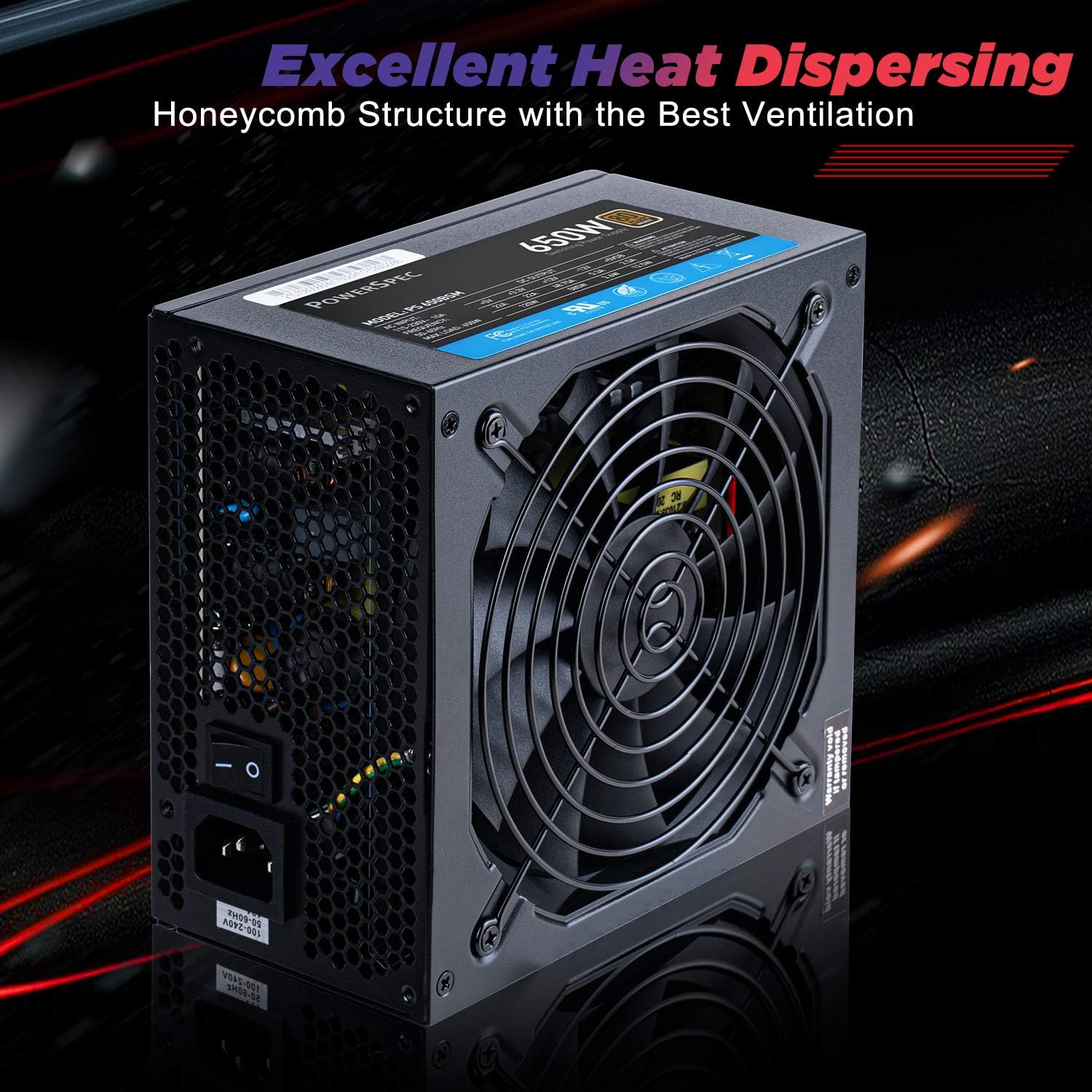 PowerSpec 650W Power Supply 80 Plus Bronze Certified Fixed Cable Non-Modular ATX PSU Active PFC SLI Crossfire Ready Gaming PC Computer Switching