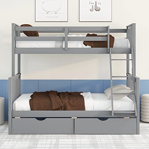 Ball & Cast Full Over Full Bunk Bed with Twin Size Trundle and Built in 4 Drawer,Wood Bunkbed w/Storage Ladder & Slat Support