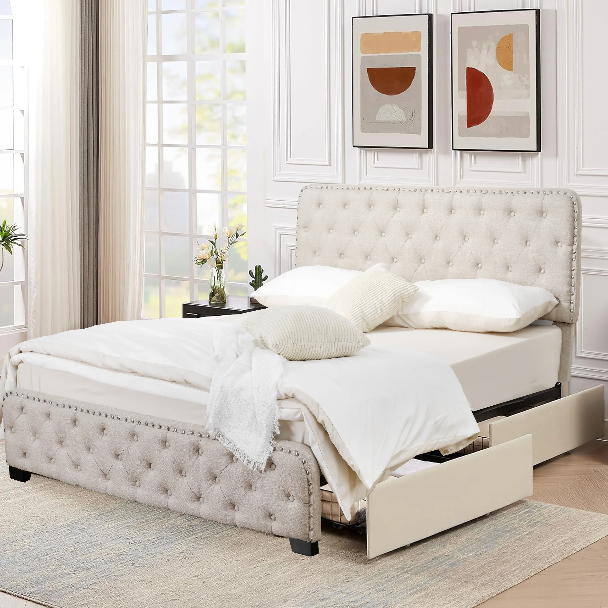 TrumanPick Full Size Storage Bed Frame with 4 Drawers and Adjustable Headboard, Adult, Beige