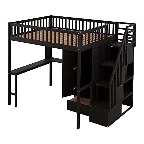 Twin Loft Bed with Staircase, Desk and Wardrobe, Wood Loft Bed with Storage Shelves and Safety Guardrail