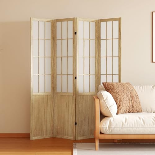 Room Divider, 66.9Inch Tall Japanese Shoji Style Folding Wood Screen with Double Hinges for Home Office Bedroom Hotel Decoration (4Panels, Black)
