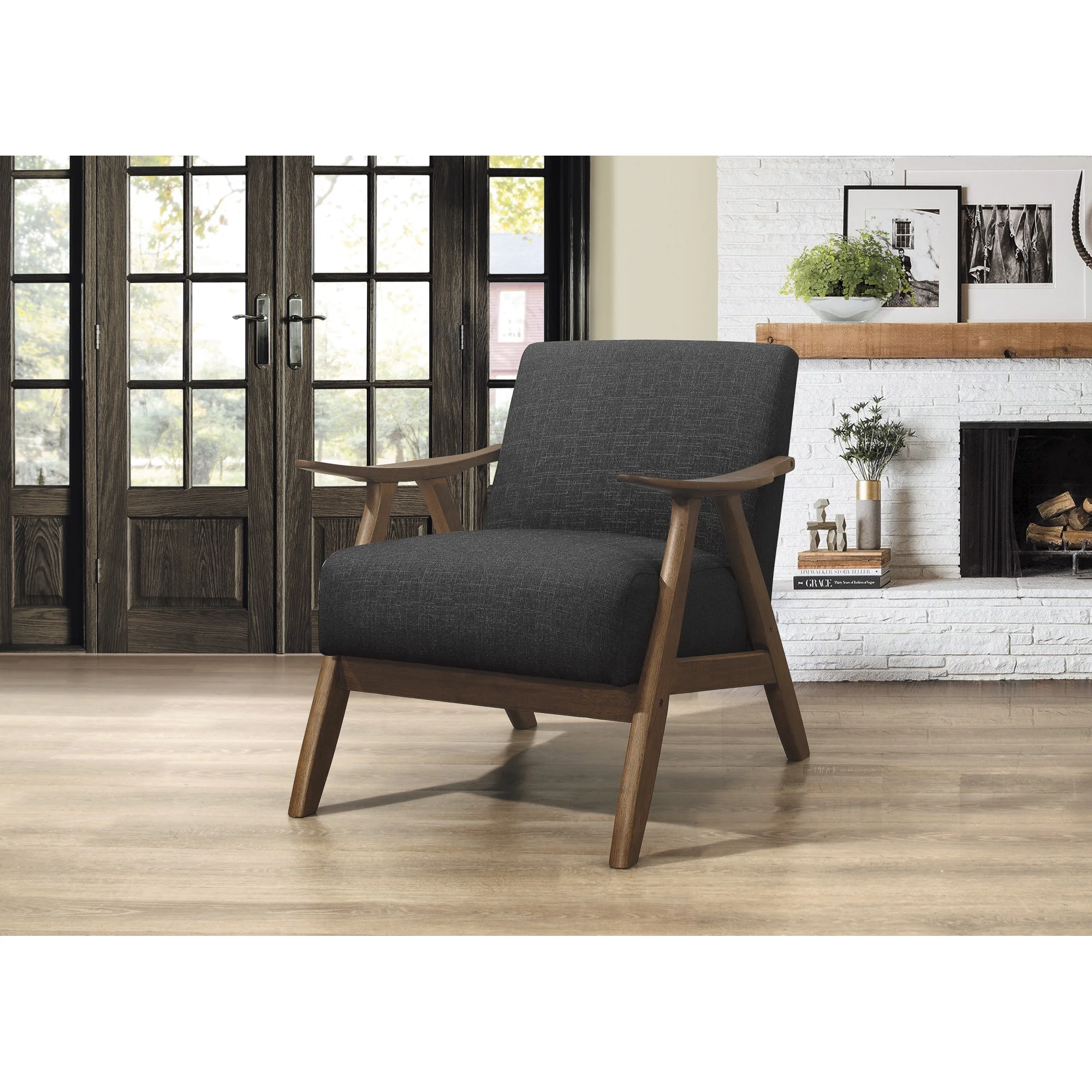Modern Home Furniture Dark Gray Fabric Upholstered Accent Chair Cushion Back Seat Walnut Finish