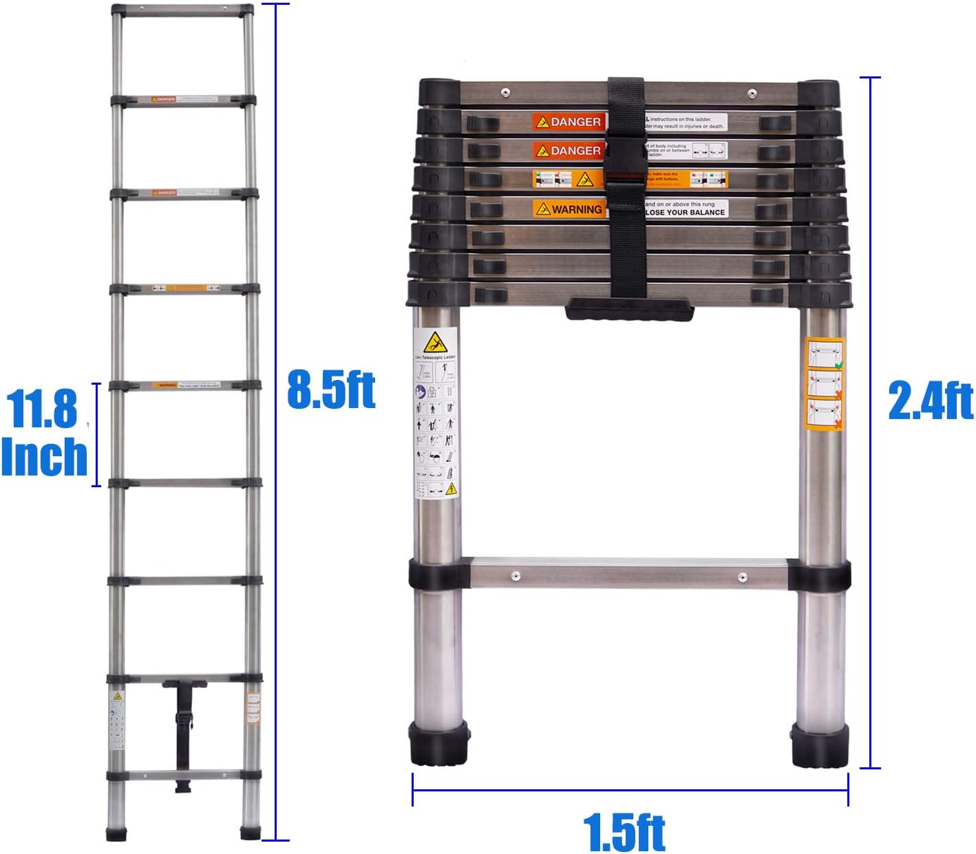 16.5FT Aluminum Telescoping Extension Ladder 330lbs Max Capacity A-Frame Lightweight Portable Multi-Purpose Folding with Support Bar Anti-Slip EN131