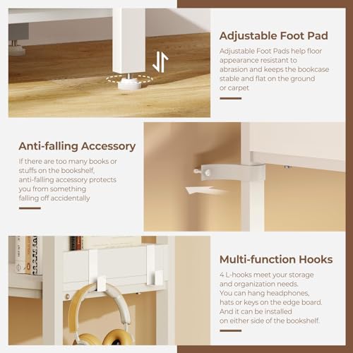 Rolanstar Bookshelf 5 Tier with 4 Hooks, Reversible Corner Bookshelf