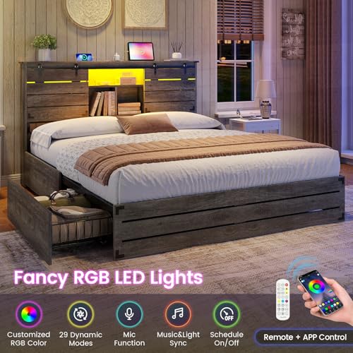 VIAGDO Wooden Bed Frame Queen Size with Bookcase Headboard and Sliding Barn Door, Farmhouse Queen Bed Frame with Charging Station