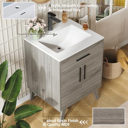 AMERLIFE 24.5" Bathroom Vanity with Sink Combo, Mid-Century Modern Small Single Bathroom Cabinet Set, Integrated Sink