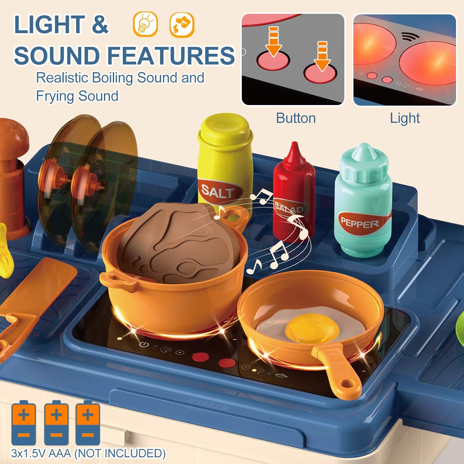 GRESAHOM Kitchen Playset for Kids,4 in 1 Kitchen & Grill Role Pretend Play Toys Travel Suitcase with 41pcs Realistic Cooking Accessories,Lights