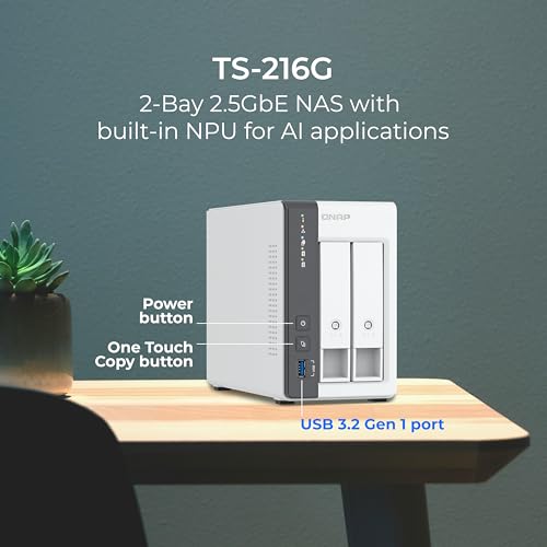 QNAP TS-216G-US - The Most Affordable 2-Bay 2.5GbE Desktop NAS, Equipped with ARM Cortex-A55 Quad-Core CPU, Built-in NPU and 4GB DDR4 RAM (Diskless)