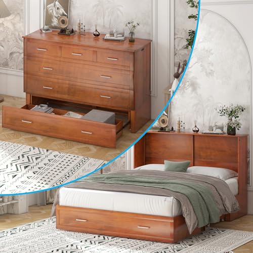 Mjkone Queen Size Cabinet Murphy Bed with Tri-Fold Mattress, Modern Multipurpose Wall Cabinet Chest Bed