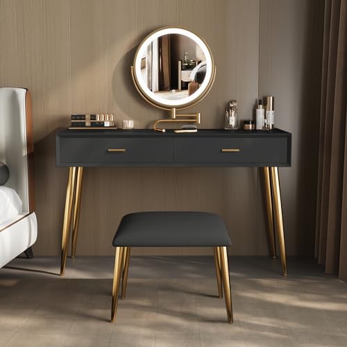 Vanity Desk Set with 360° Rotating Mirror and Lights, Small Makeup Vanity with Microfiber Leather, Vanity Table with 3 Lighting Modes, 2 Drawers