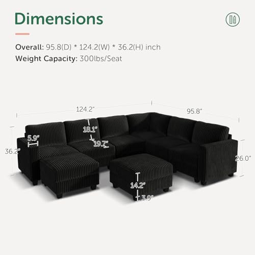 HONBAY Corduroy Modular Sectional Couch with Storage L-Shaped Sectional Couches for Living Room 6 Seater Modular Sofa, Dark Gray