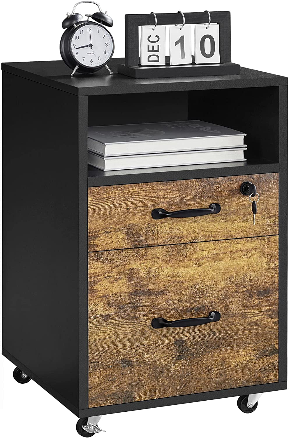 Filing Cabinet with 2 Drawers and Open Compartment,Under Desk Vertical File Cabinet with Lockable Wheels for A4