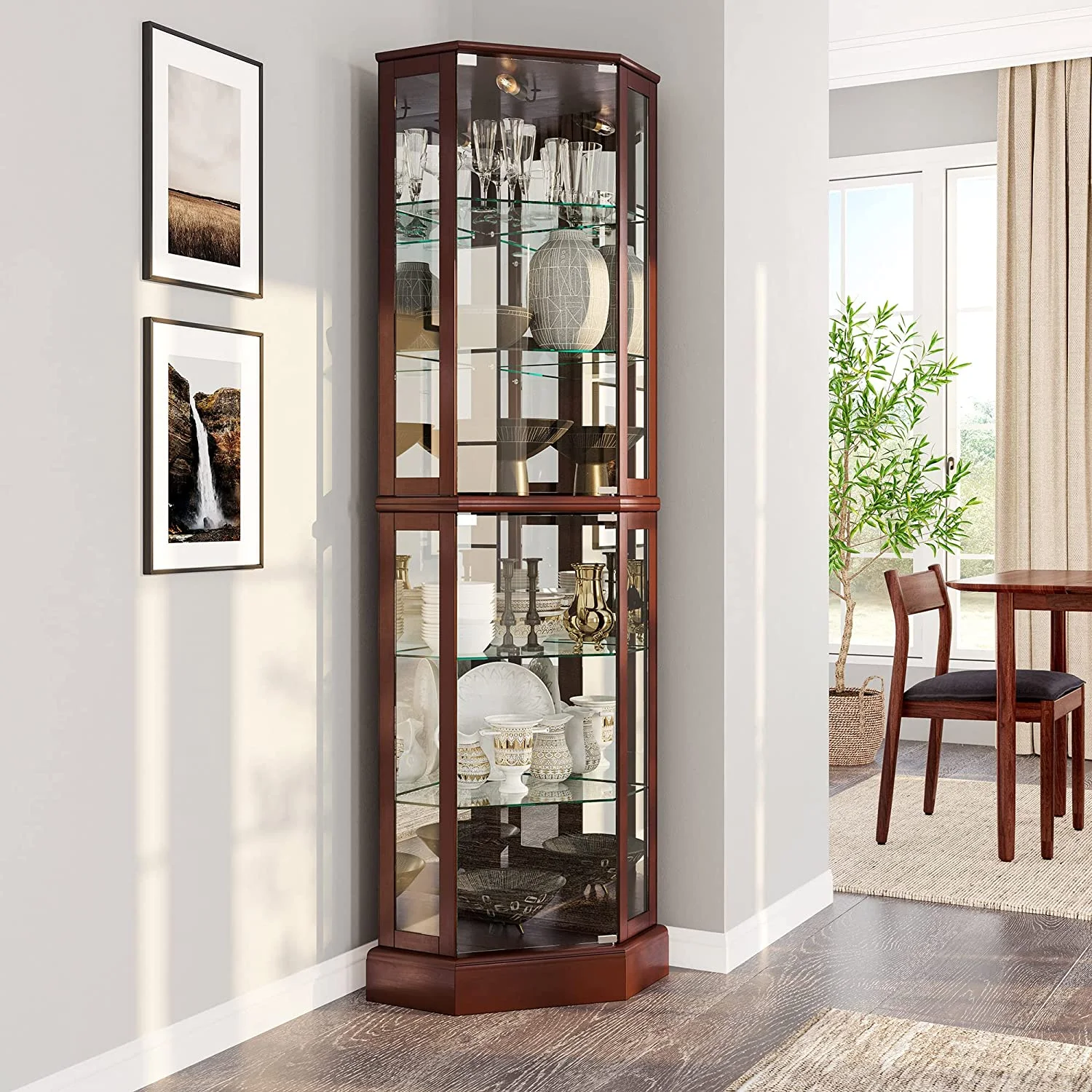 Lighted Corner Display Curio Cabinet Wooden Curved Shelving Unit with Tempered Glass Door, Bar and Liquor Storage Area with 6 Shelves