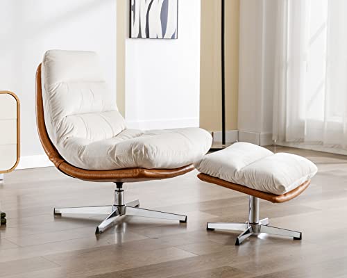 Modern Swivel Accent Chair with Ottoman Set, PU Leather Oversized Armless Reading Chair with Footrest