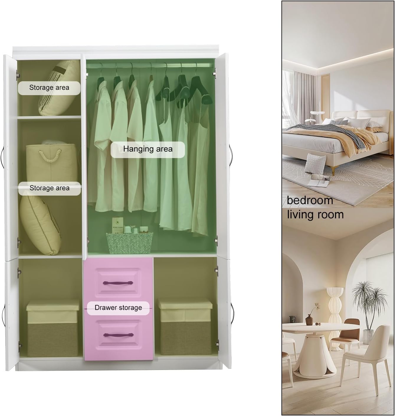 Wardrobe Armoire Storage Cabinet Wood, 3 Door 2 Drawers White Closet Wardrobe for High Storage Capacity
