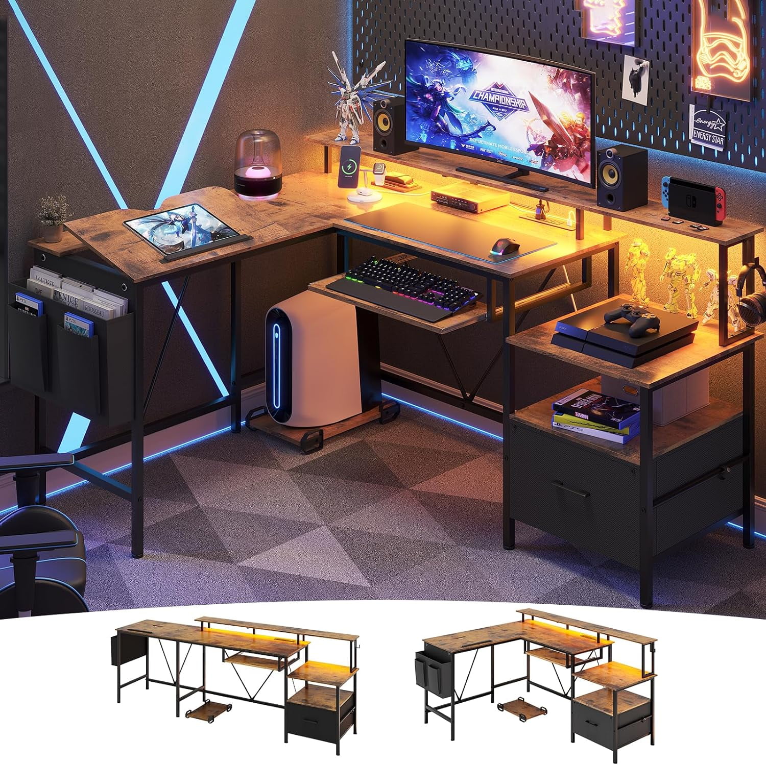 AOGLLATI 95" Reversible Corner Office Desk with Storage, Adjustable Drafting Table, L Shaped Gaming Desk with Power Outlet and LED Light
