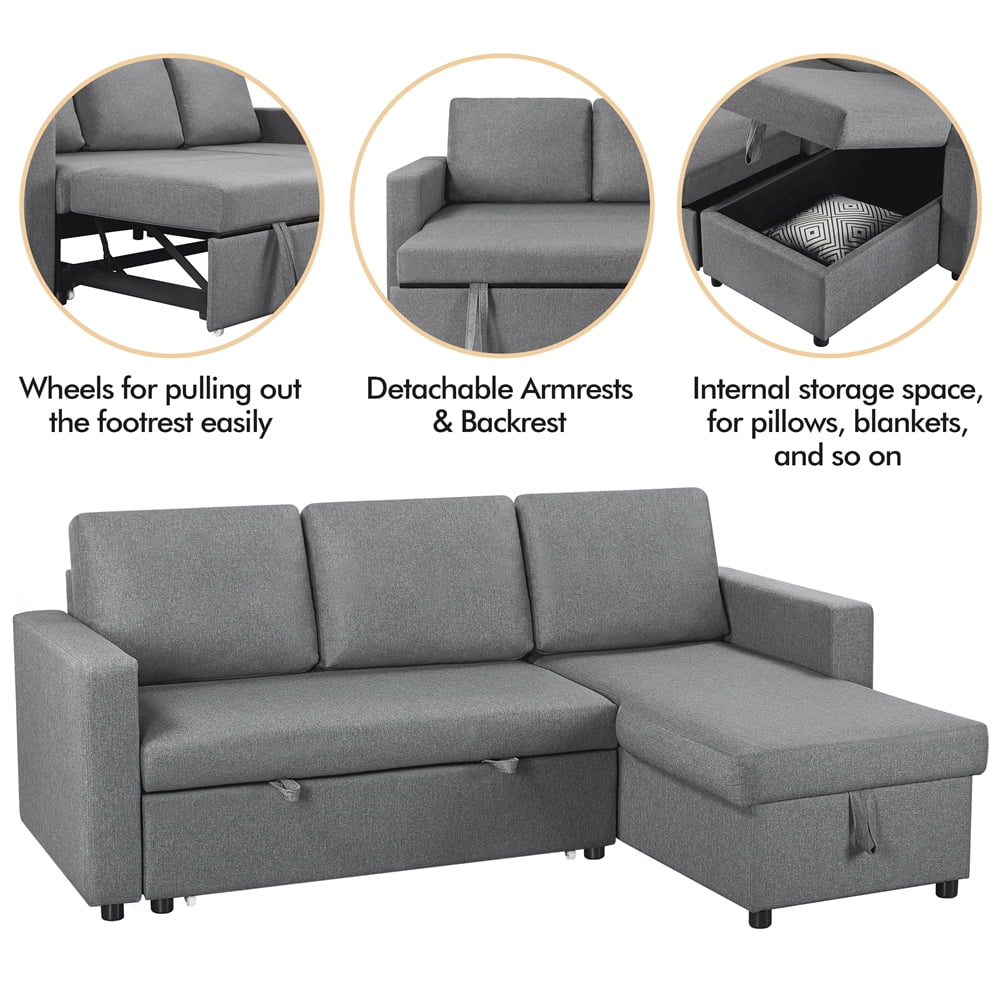 Alden Design Reversible Sectional Sleeper Sofa with USB & Type-C Ports, Light Gray