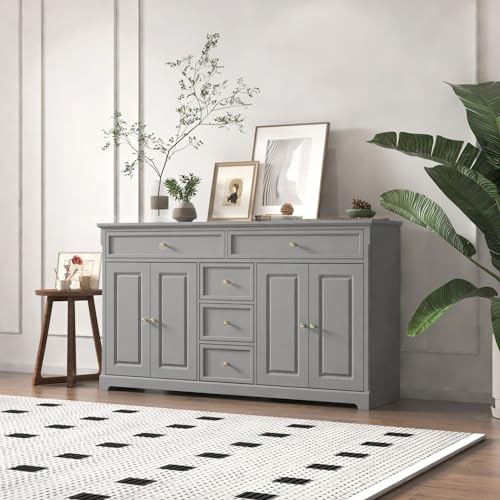 FAMAPY Sideboard Credenza with 5 Drawers, Sideboard Buffet Cabinet with 4 Doors, White Buffet Cabinet with Gold Knobs, Home Bar Cabinet