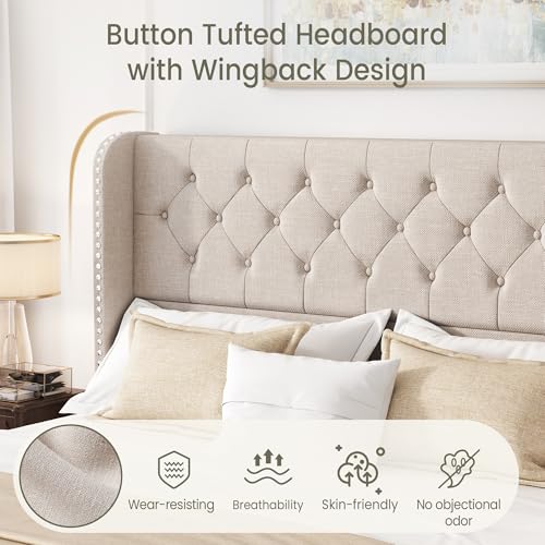King Size Bed Frame with 4 Storage Drawers and Tufted Headboard Linen Upholstered Platform Bed Frame Wingback Beds with Wooden Slats Support