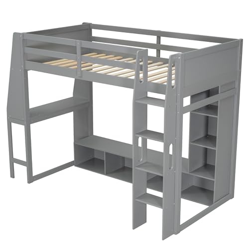 SOFTSEA Full Size Loft Bed with Desk and Storage, Solid Wood Loft Bed with Open Wardrobe and Multi-Storage Shelves