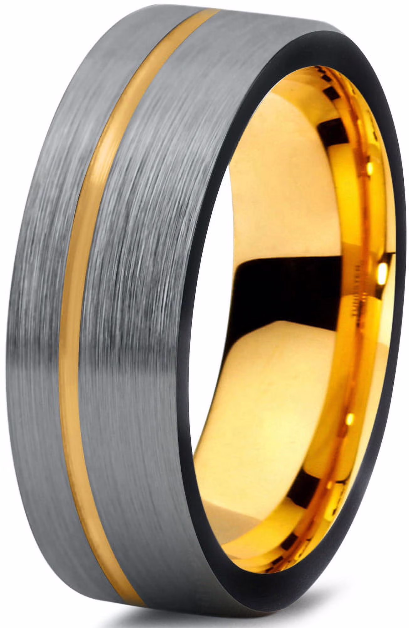 P. Manoukian Tungsten Wedding Band Ring 7mm for Men Women Black & 18K Yellow Gold Plated Pipe Cut Brushed Polished Lifetime Guarantee Size 9.5