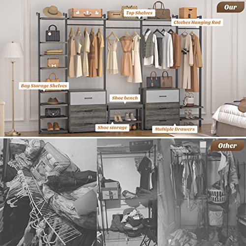 Aheaplus Clothing Rack Heavy Duty Closet Organizer for Hanging Clothes, Large Wall Mounted Garment Rack Clothes Rack with 6-Drawers for Wardrobe