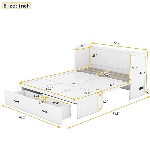 Ball & Cast Queen Size Solid Pine Murphy Bed Chest,Cabinet Hideaway Bed with Charging Station and Large Storage Drawer,Wood Wall Bed can be Folded