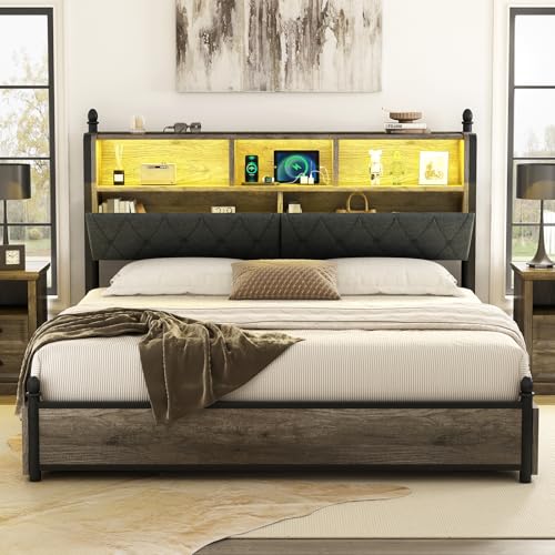 AMERLIFE Full Size Bed Frame with Bookcase Headboard, 4 Storage Drawers, Wooden Platform Bed with Charging Station & LED Light, No Box Spring Needed
