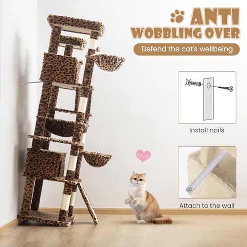 SHA CERLIN 81in Multi-Level Tall Cat Tree Tower for Indoor Kitties/Larger Cat Condo Furniture with Hammock/Cozy Pussycat Perches/Sisal Scratching