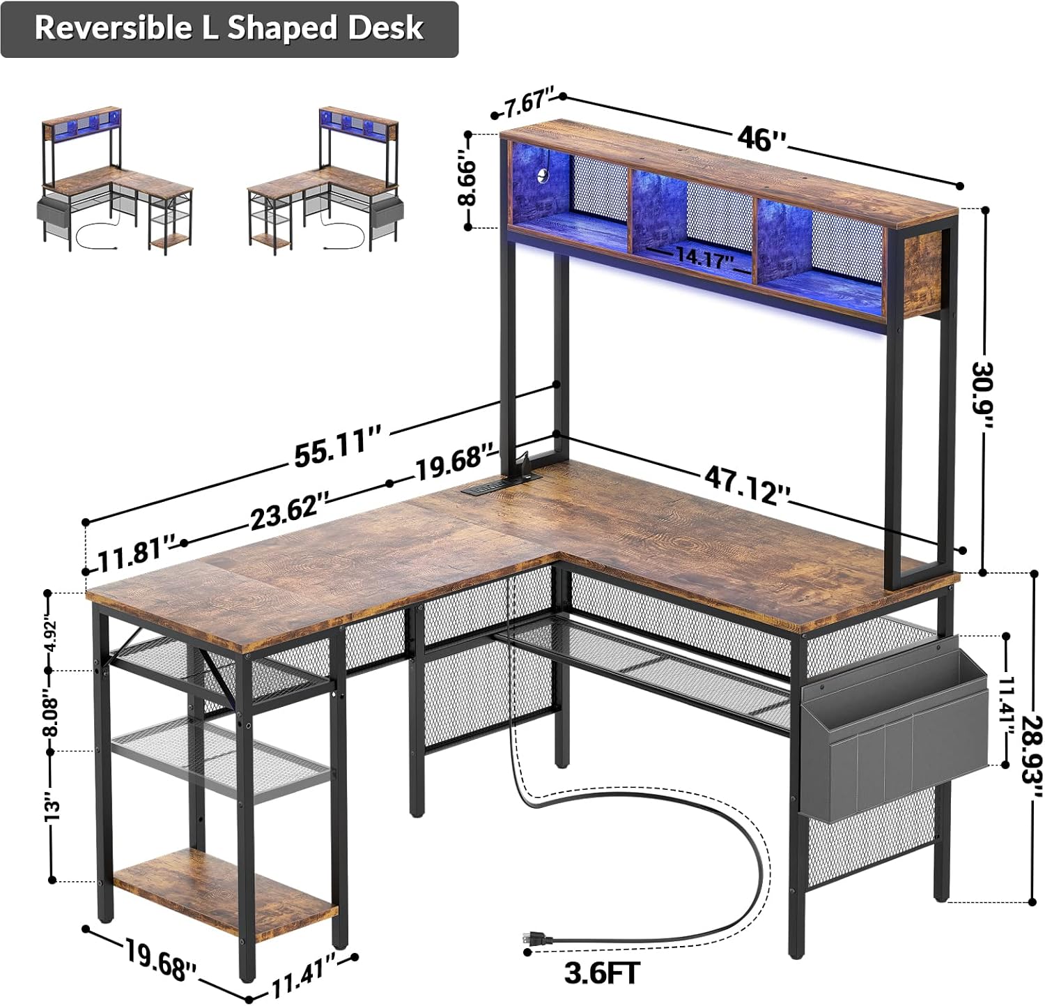 Aheaplus L Shaped Gaming Desk with LED Lights & Power Outlets, 55 Inch L-Shaped Computer Desk with Storage Shelf & Monitor Stand