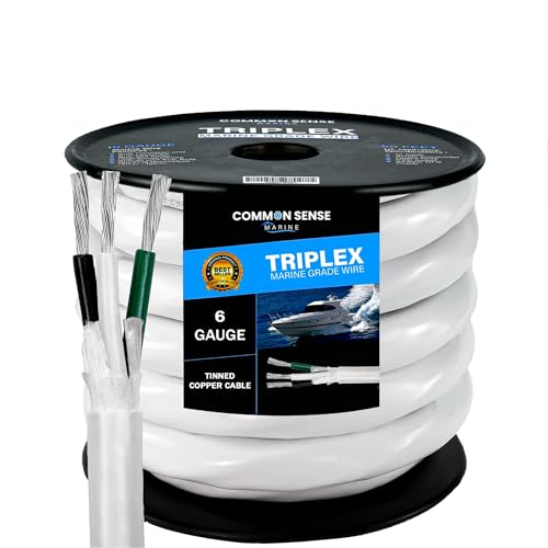 6 Gauge 3 Conductor Marine Wire - 50 ft Triplex Flat Marine Grade Wire Tinned Copper Oxygen-Free Insulated