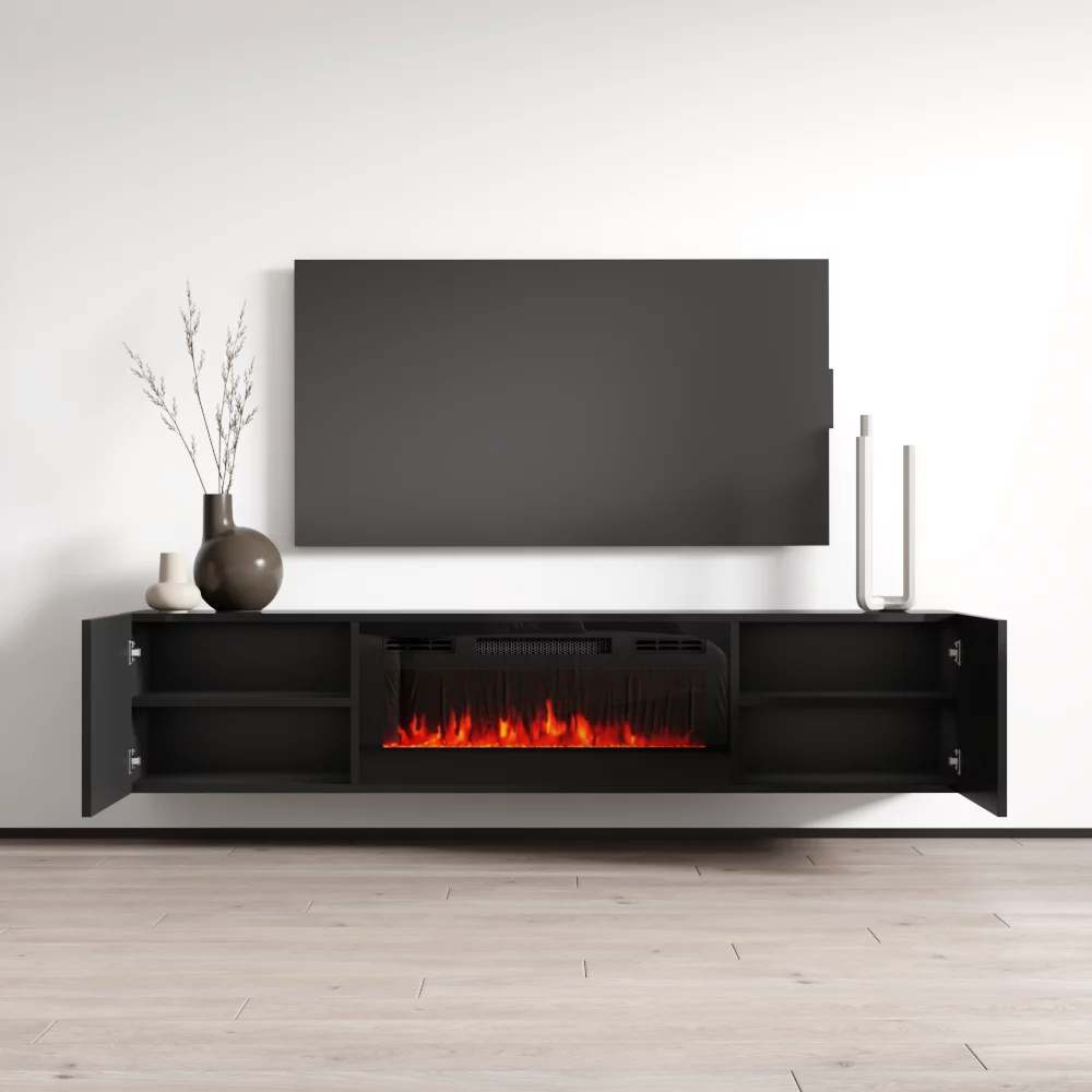 Cali BL-EF Floating Fireplace TV Stand for TVs up to 80", Modern High Gloss 72" Entertainment Center