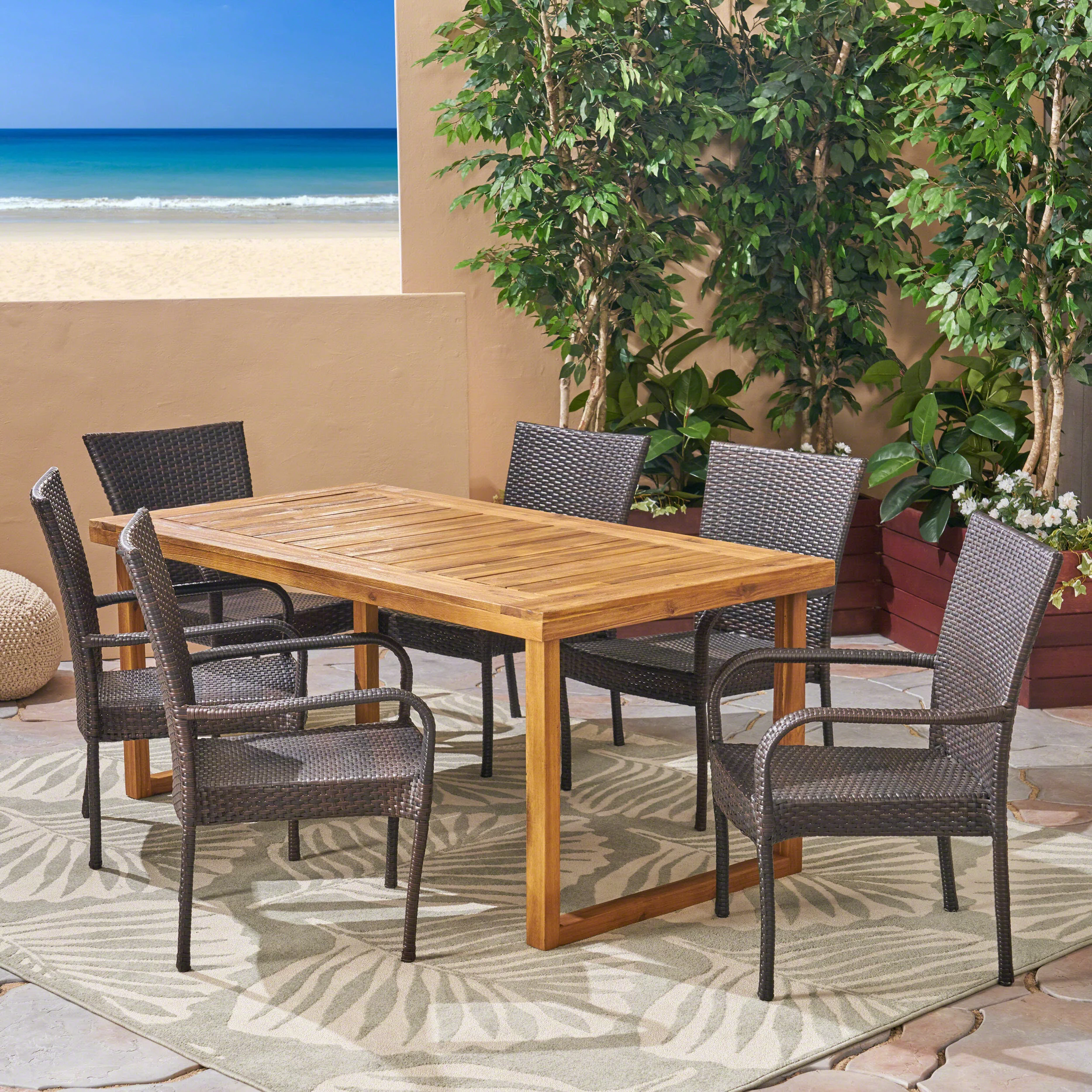 GDF Studio Maurepas Outdoor Acacia Wood and Wicker 7 Piece Dining Set, Teak, Brown, and Cream